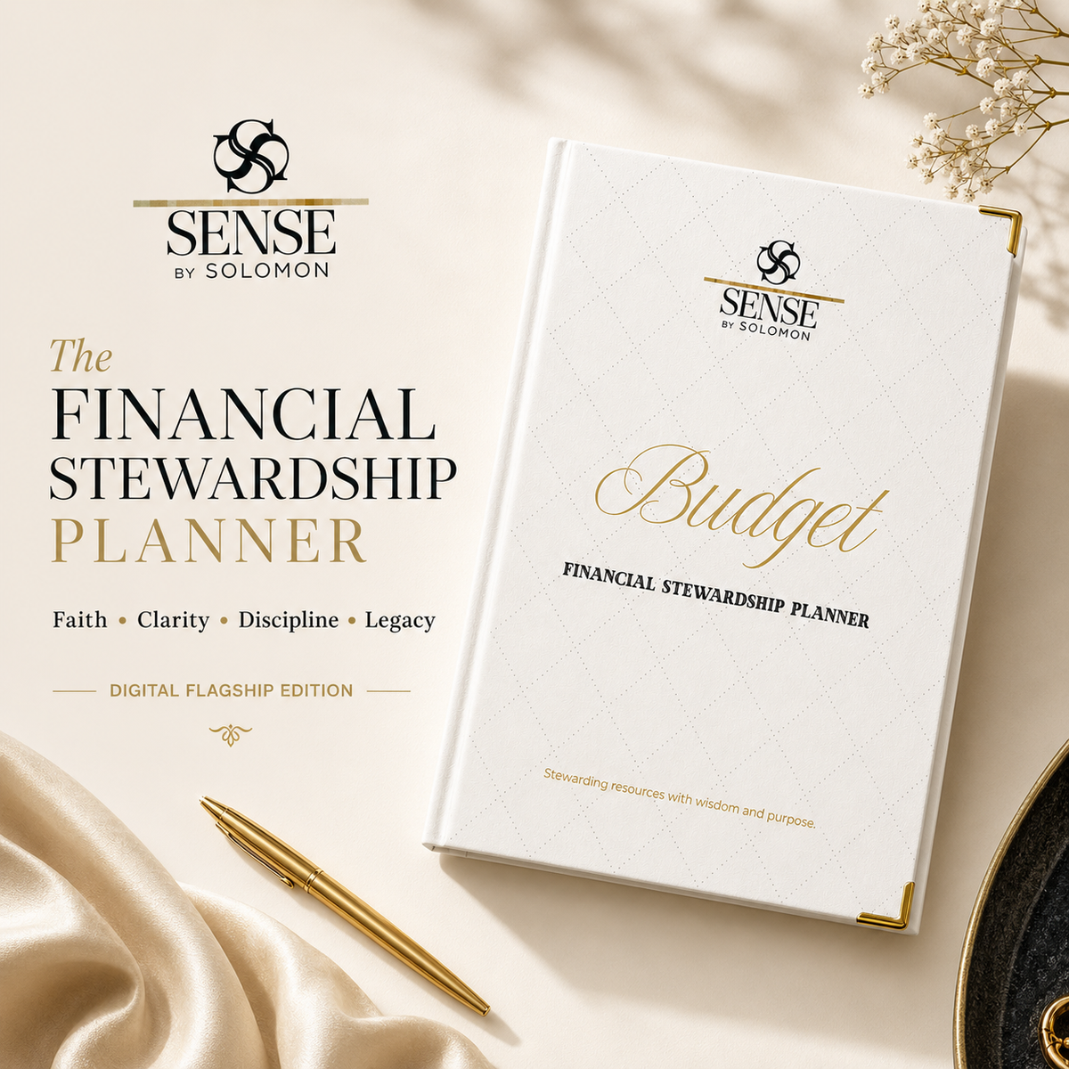 Sense by Solomon Financial Stewardship Planner luxury flagship hero in ivory black and gold